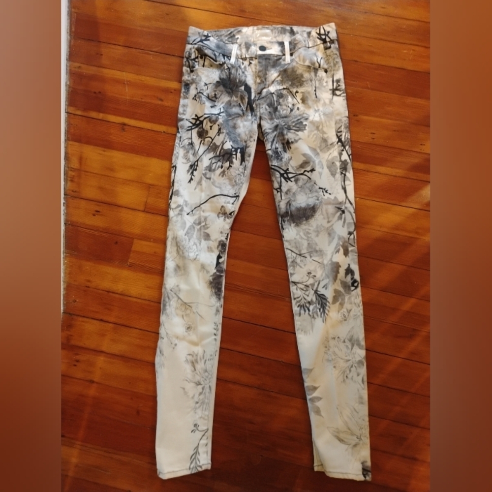 Women's MOTHER Pants The Looker Black White Grey Floral Sz 28 Skinny